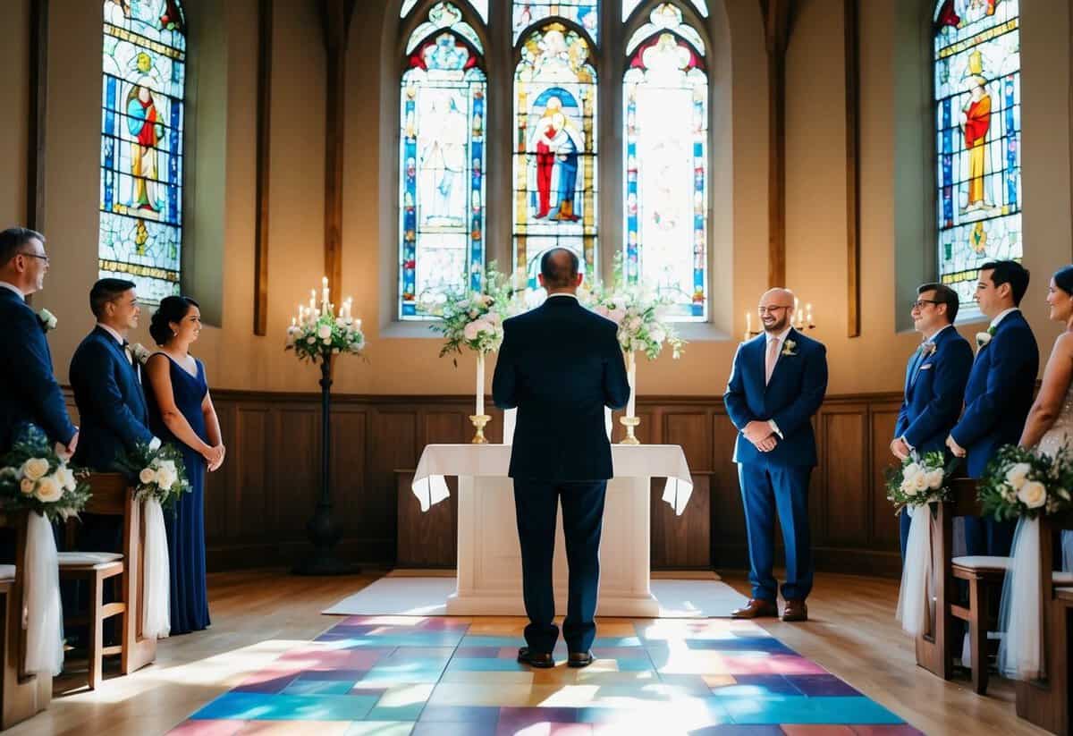 A celebrant stands before an altar, facing the couple. The sun shines through stained glass windows, casting colorful patterns on the floor