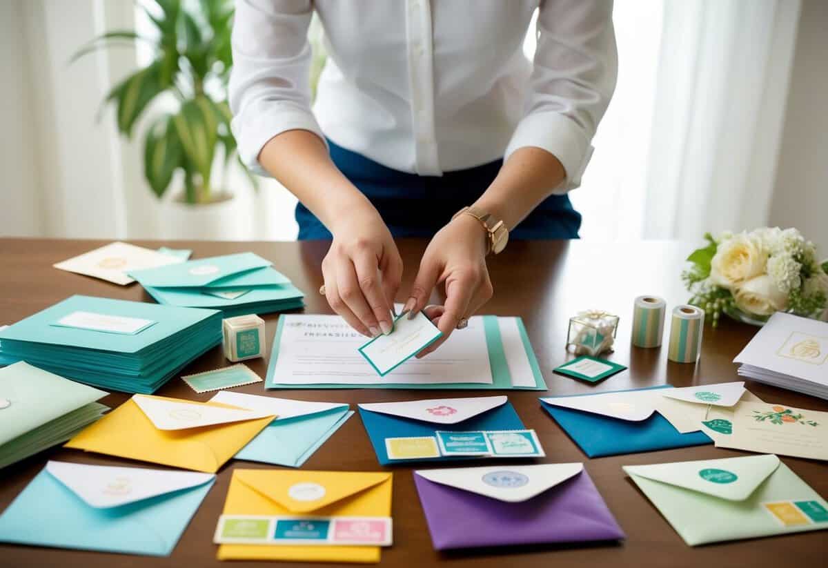 A wedding planner sits at a desk, surrounded by colorful envelopes, ribbons, and decorative stamps. They carefully arrange invitation samples on a table