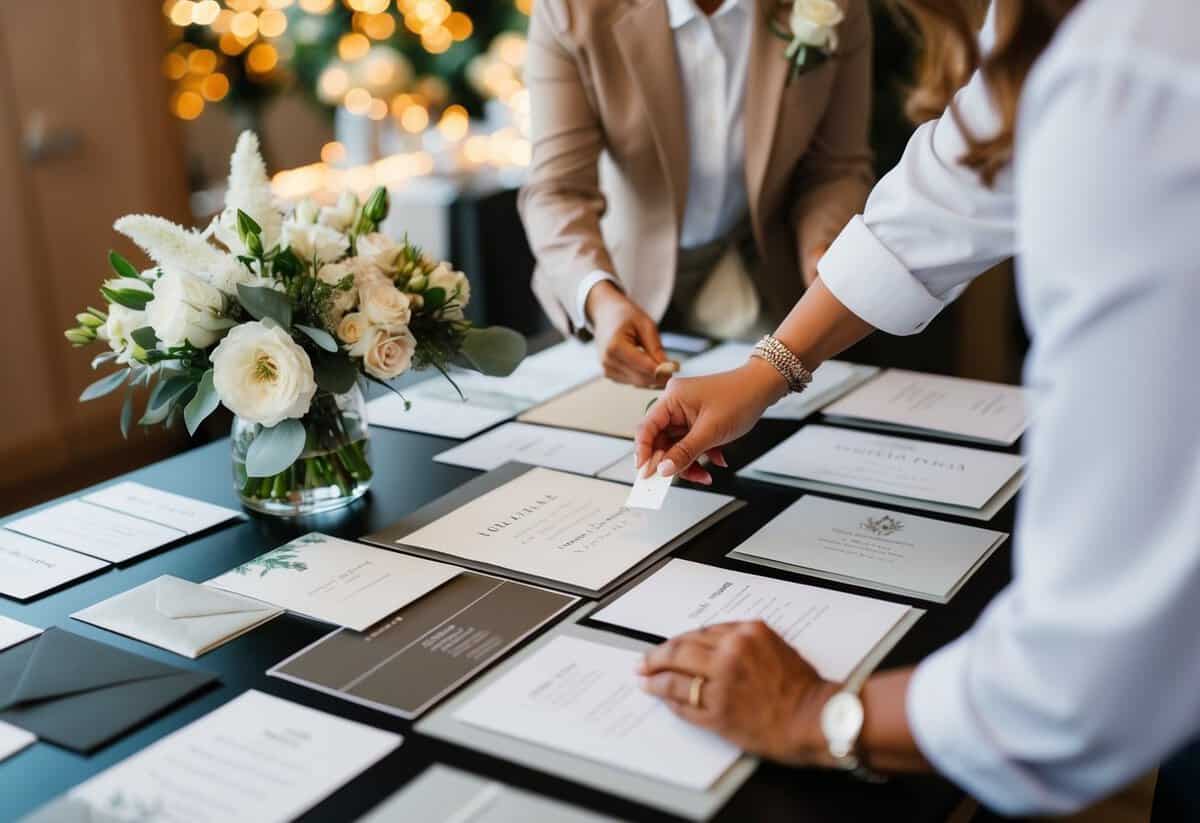 A wedding planner organizing a table with various invitation samples and designs