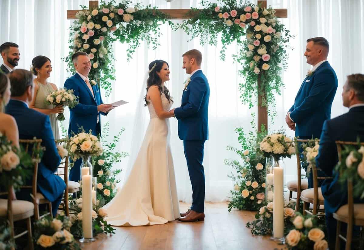 A person standing before a couple exchanging vows, surrounded by flowers and decorations, with a serene and joyful atmosphere