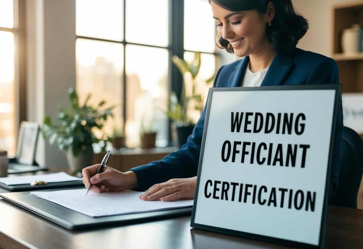 A person standing at a desk filling out paperwork with a sign that reads "Wedding Officiant Certification" in a cozy office setting
