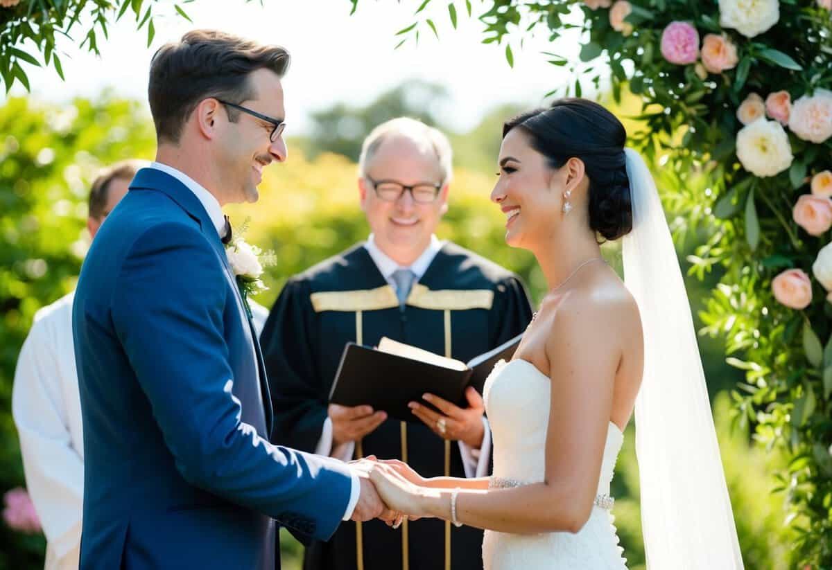 A humanist officiates a wedding ceremony outdoors, surrounded by lush greenery and blooming flowers. The couple stands facing each other, exchanging vows with joyous smiles