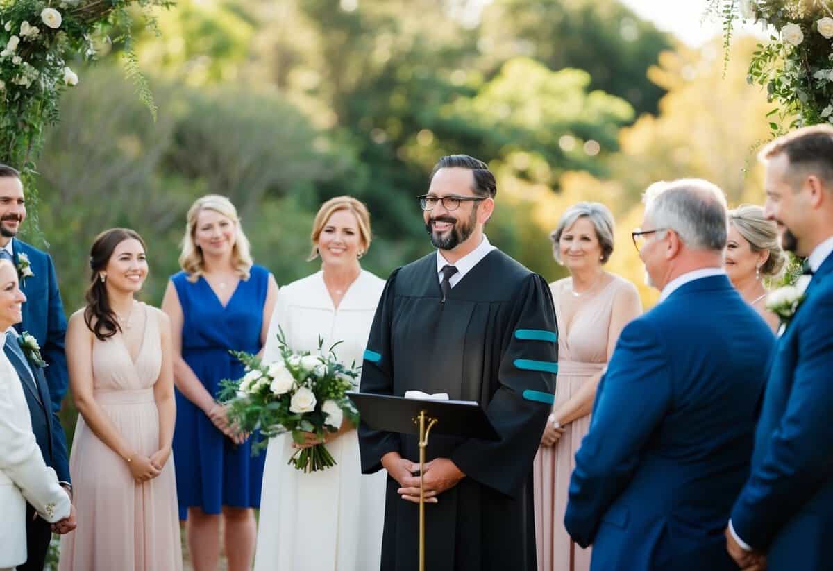 A humanist officiant stands at the front of an outdoor wedding ceremony, surrounded by nature and a small group of guests