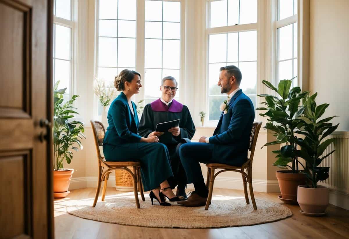 A couple sits with a humanist officiant, discussing wedding details in a cozy, sunlit room with a large window and potted plants