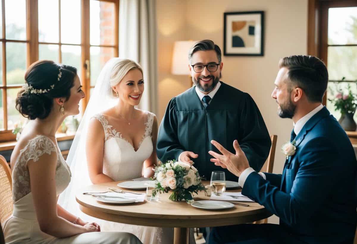 A bride and groom discussing wedding costs with a humanist officiant in a cozy, sunlit room. The officiant gestures warmly as they all sit around a table