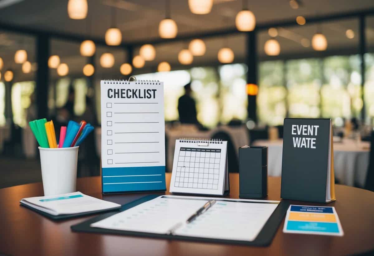 A table with a checklist, calendar, and various event supplies