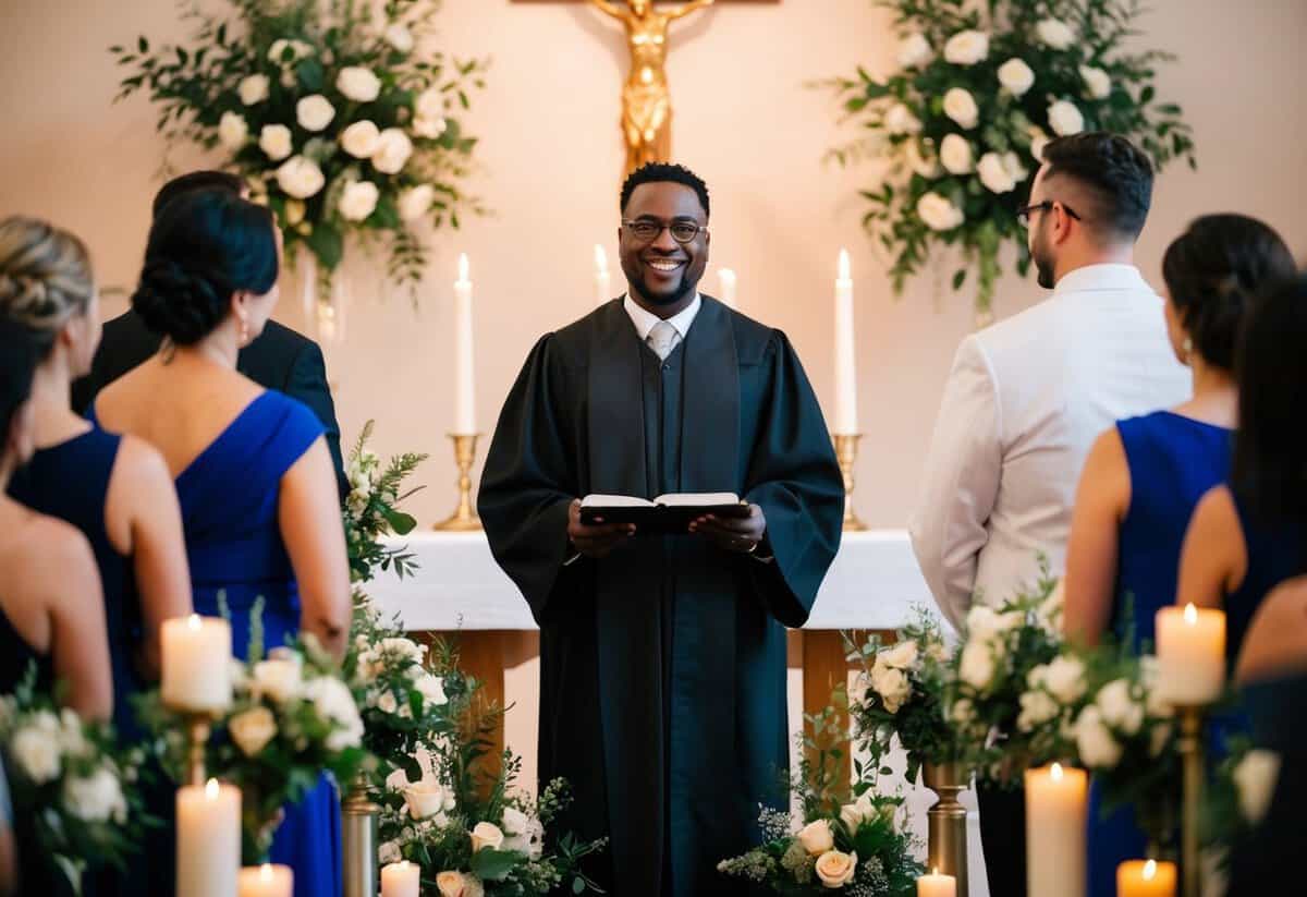 A celebrant stands at an altar, surrounded by flowers and candles, with a warm smile as they officiate a ceremony