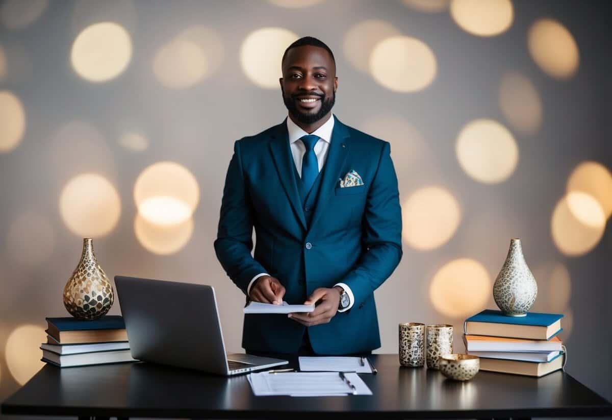 A celebrant standing behind a table with a laptop and paperwork, surrounded by books and decorative items