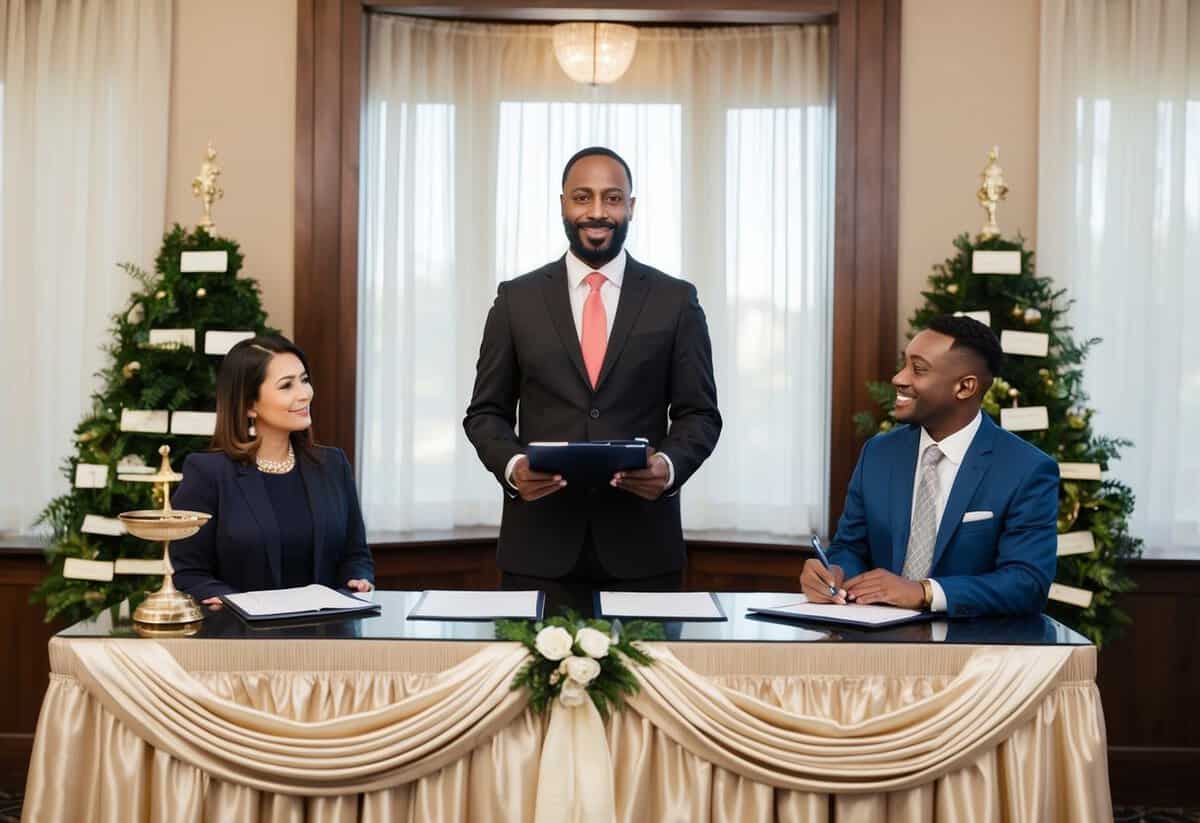 A celebrant stands before a decorated ceremonial table, with legal documents and symbolic items displayed. A client holds a checkbook, looking expectantly