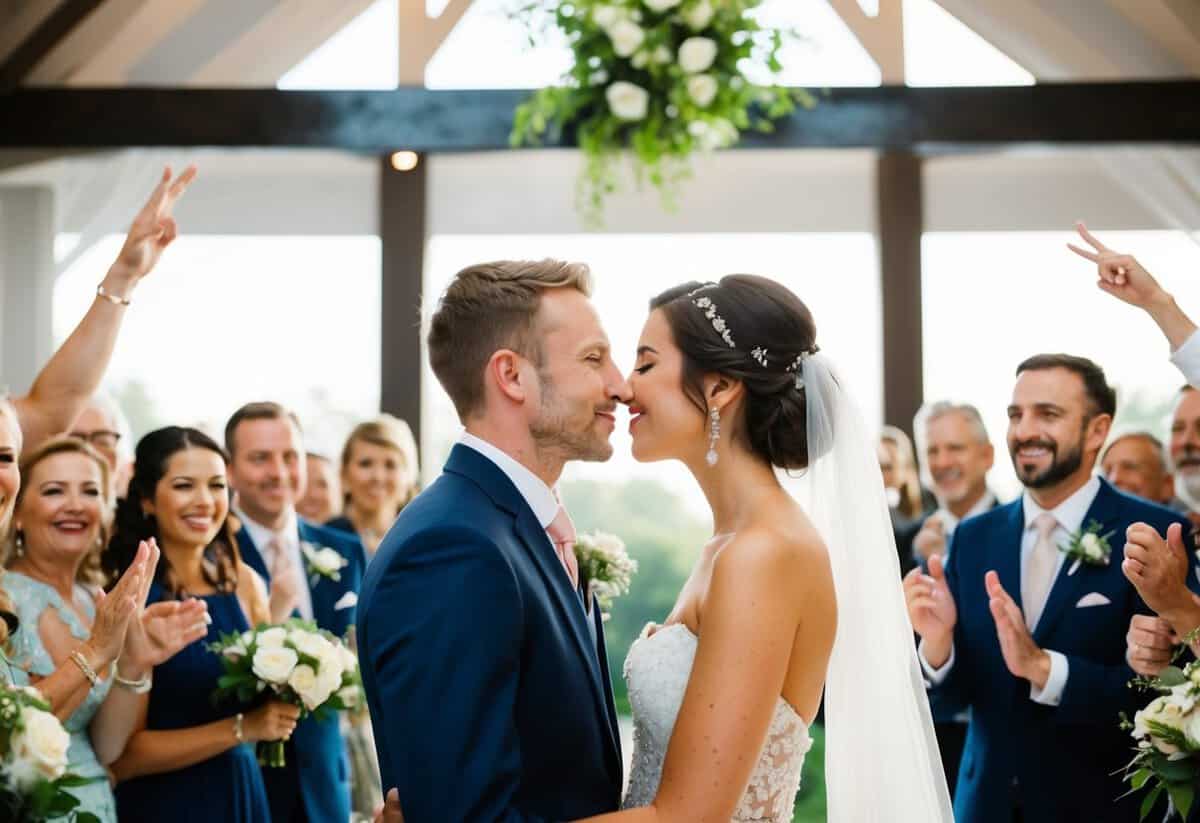A couple standing face to face, surrounded by cheering guests, with the officiant gesturing for them to kiss