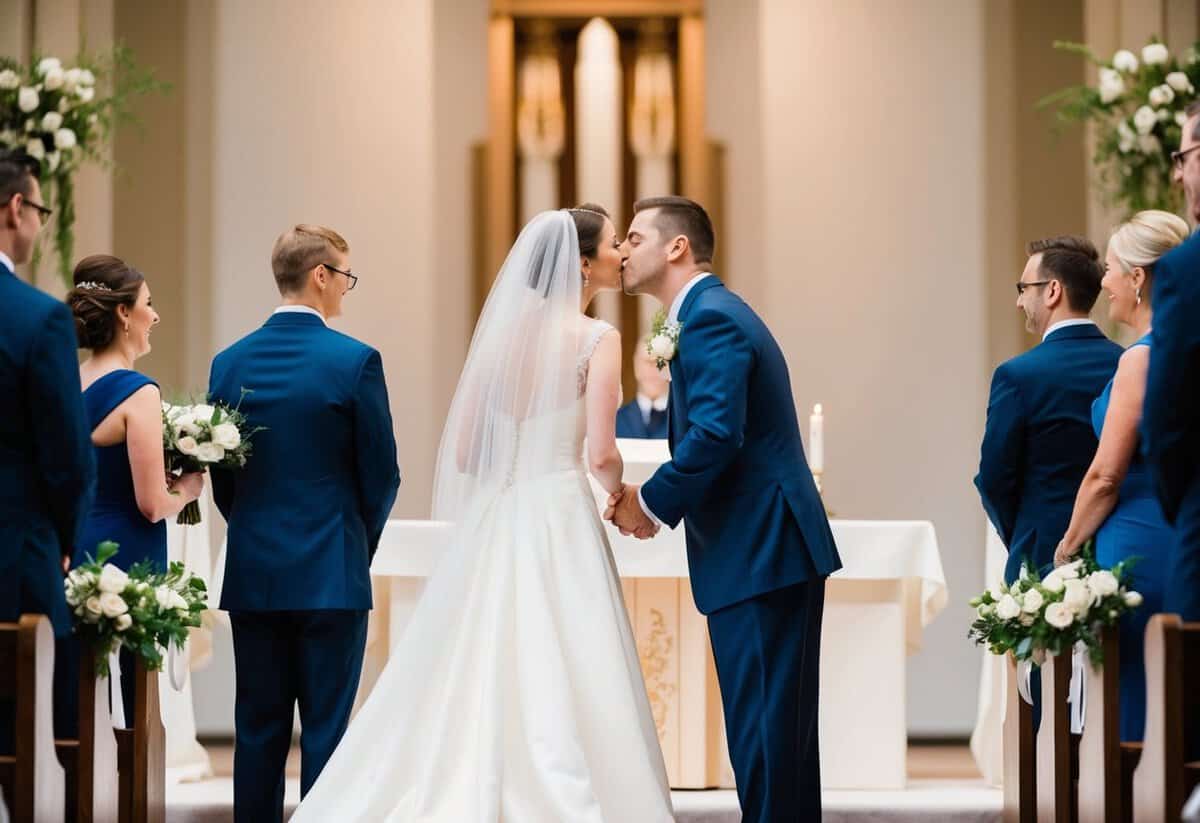 A figure stands at the altar, facing the newlyweds, as they lean in for a kiss