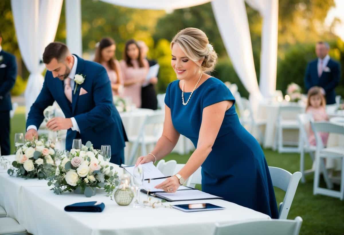 A wedding planner organizes pre-wedding events, coordinating with vendors and overseeing the setup of the venue