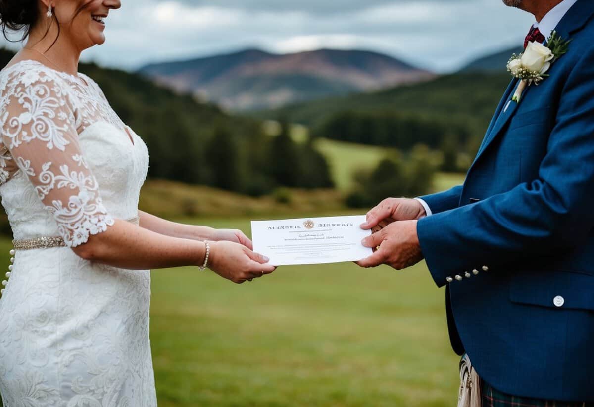 A person standing at a traditional Scottish wedding ceremony, holding a marriage certificate and officiating the union between two individuals