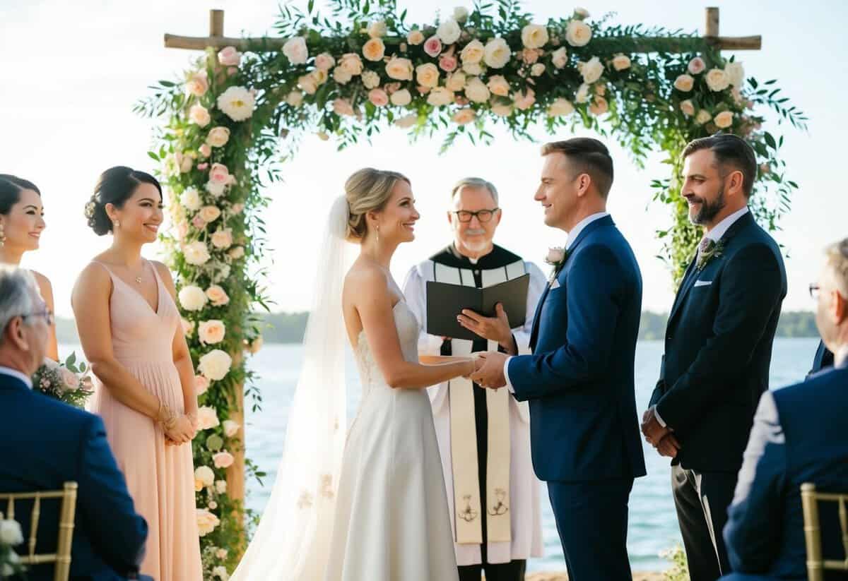 A couple standing beneath a floral arch as an officiant speaks to them in front of their family and friends
