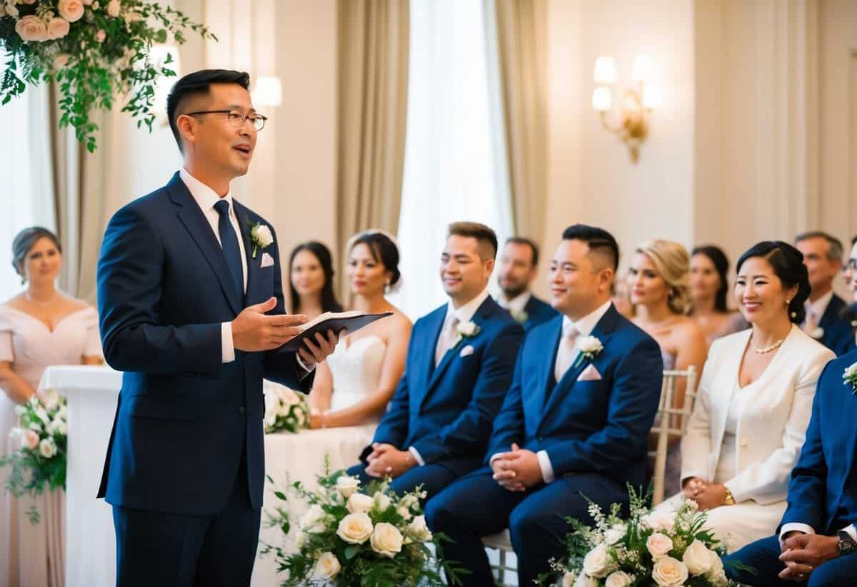 An officiant stands at the front of a wedding ceremony, speaking confidently and warmly to the couple and their guests. The setting is elegant and serene, with flowers and soft lighting creating a romantic atmosphere