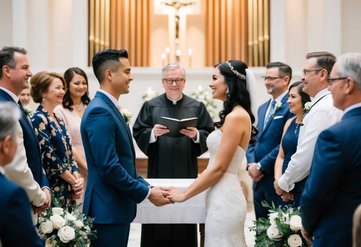 A couple stands at the altar, surrounded by family and friends. An officiant speaks, leading a non-religious ceremony with heartfelt words and meaningful vows
