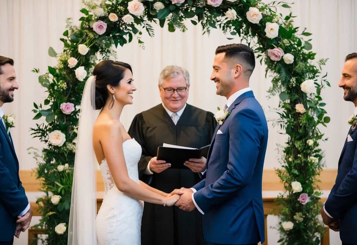 A couple stands facing each other, framed by a floral arch. The officiant speaks with warmth and sincerity, emphasizing love and commitment