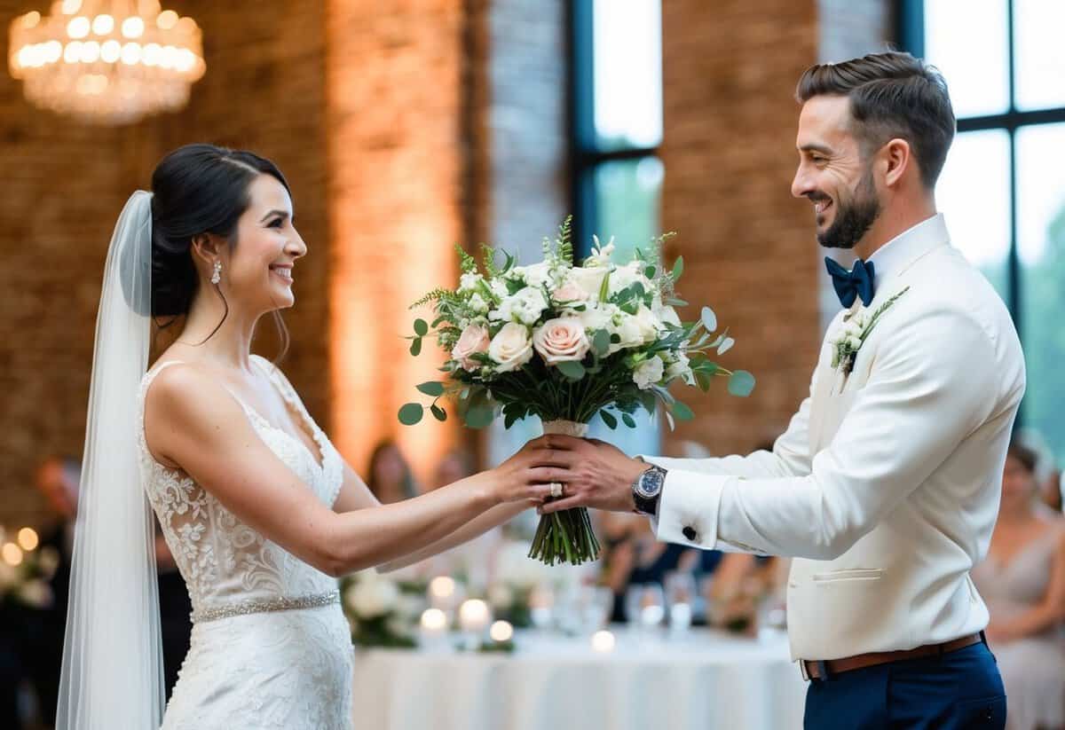 A bride and groom hand a bouquet to a smiling florist at a wedding reception