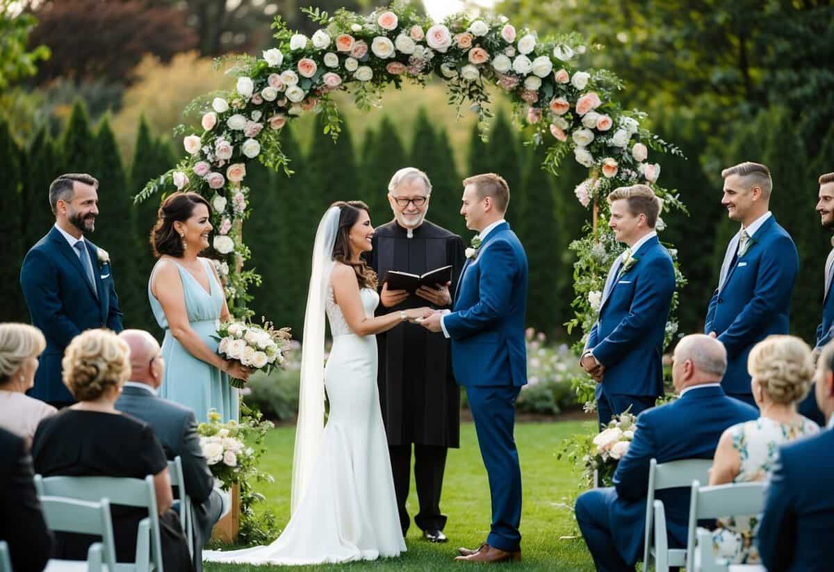 A couple stands beneath a floral arch in a garden, surrounded by friends and family. An officiant leads a non-religious wedding ceremony, as the couple exchanges vows and rings
