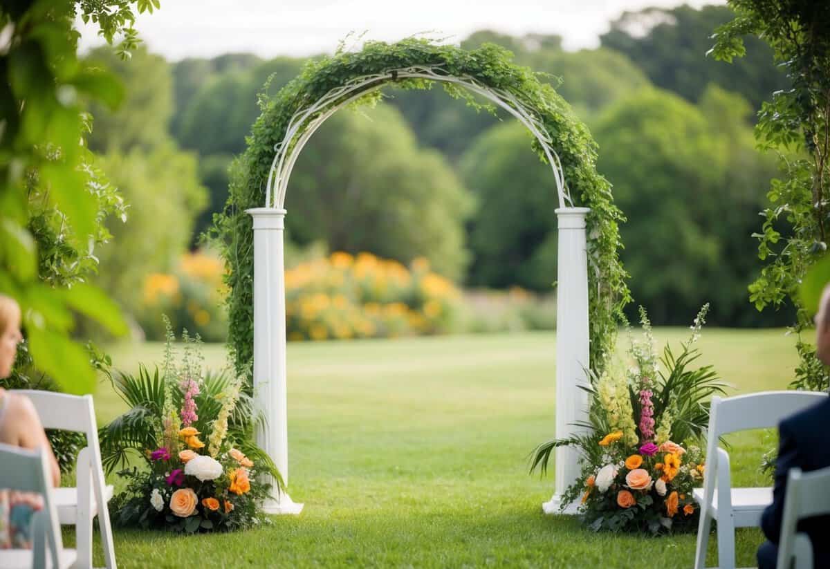 A serene outdoor setting with a decorative arch, surrounded by lush greenery and colorful flowers, creating a peaceful and romantic atmosphere for a non-religious wedding ceremony