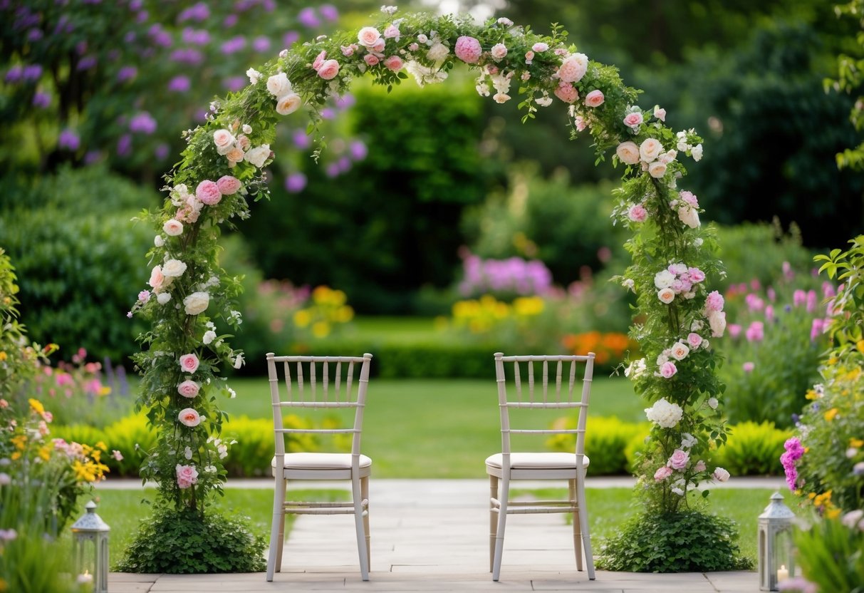 A serene garden setting with a flower-adorned arch and two empty chairs facing each other, surrounded by lush greenery and colorful blooms