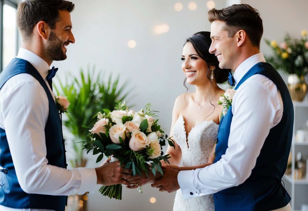 A bride and groom handing a bouquet to a smiling florist