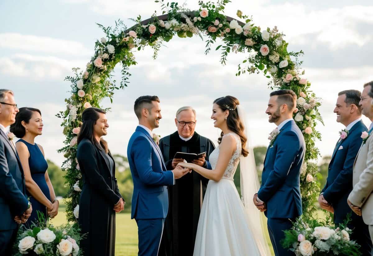 A couple stands beneath an archway adorned with flowers, surrounded by friends and family. An officiant leads a non-religious wedding ceremony, with the couple exchanging vows and rings