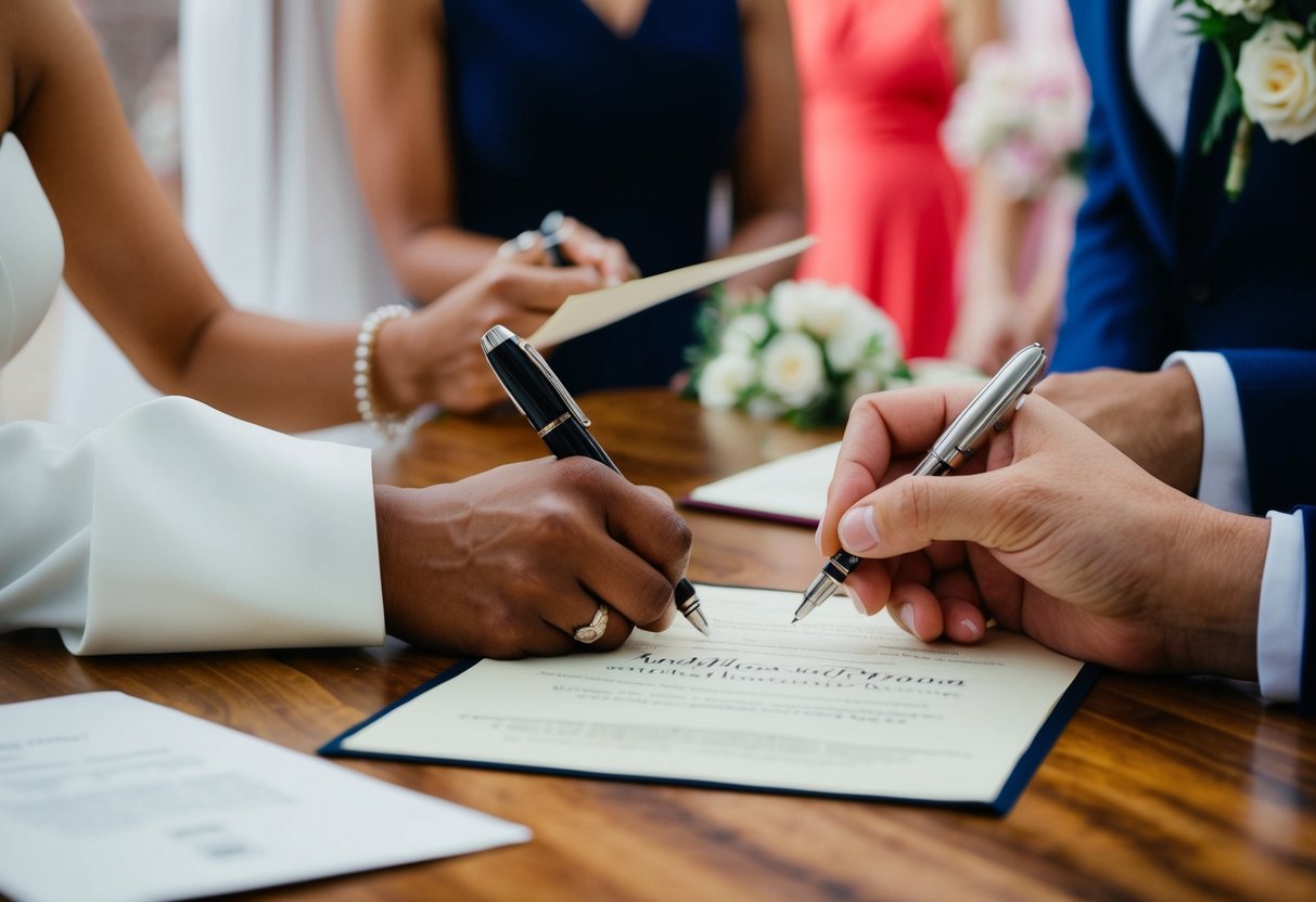 A witness signing a marriage certificate at a wedding ceremony