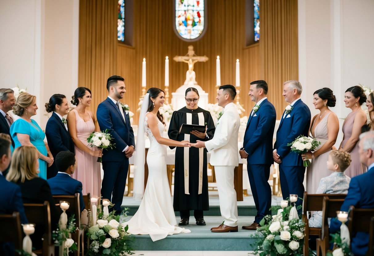 A couple standing at the altar, surrounded by close family and friends. The officiant presides over the ceremony