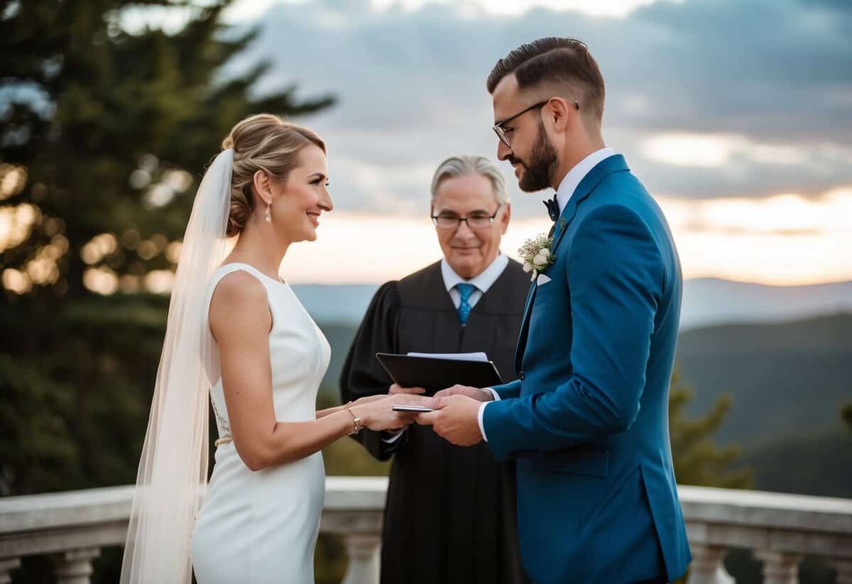 A registrar officiates a wedding in a scenic outdoor location