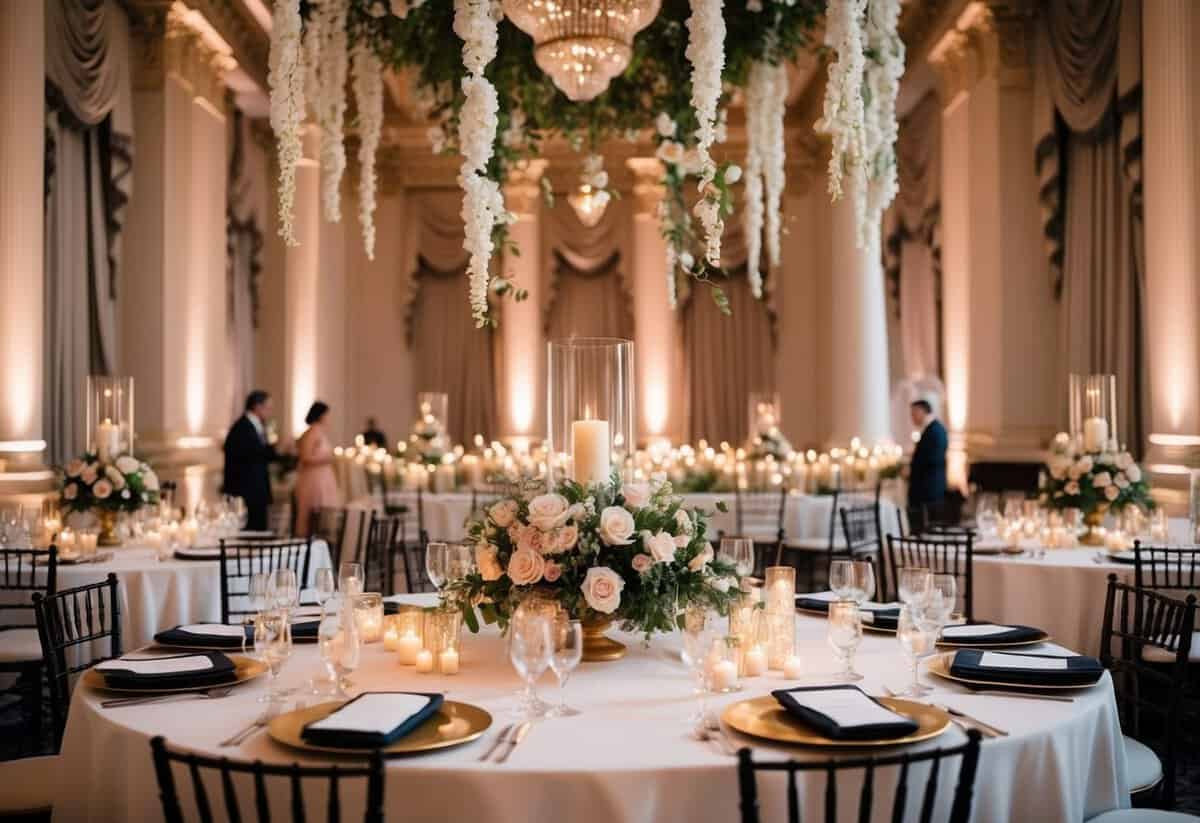 Decorations being arranged on tables and hung from the ceiling in a grand ballroom. Flowers, candles, and elegant fabrics create a romantic atmosphere