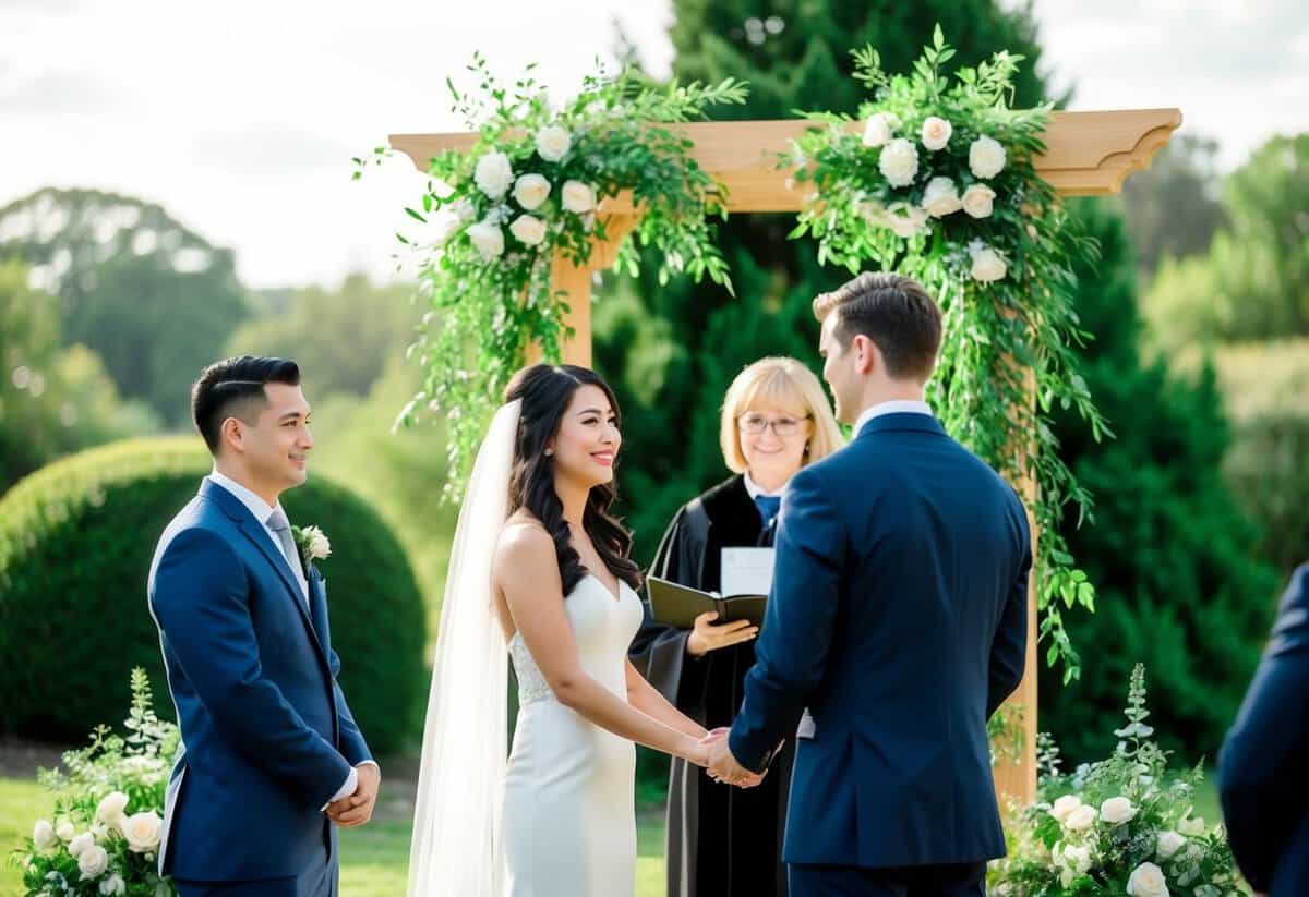 A registrar stands at an outdoor altar, surrounded by lush greenery. A couple holds hands in front of them, ready to exchange vows