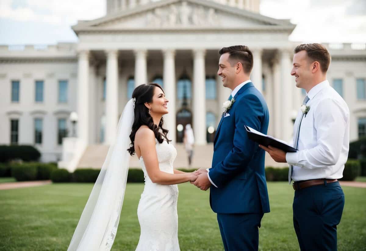 A couple standing in front of a government building with a friend officiating their marriage ceremony