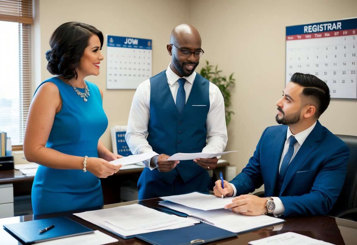 A registrar standing at a desk with a couple, discussing wedding ceremony options in an office filled with paperwork and a calendar on the wall