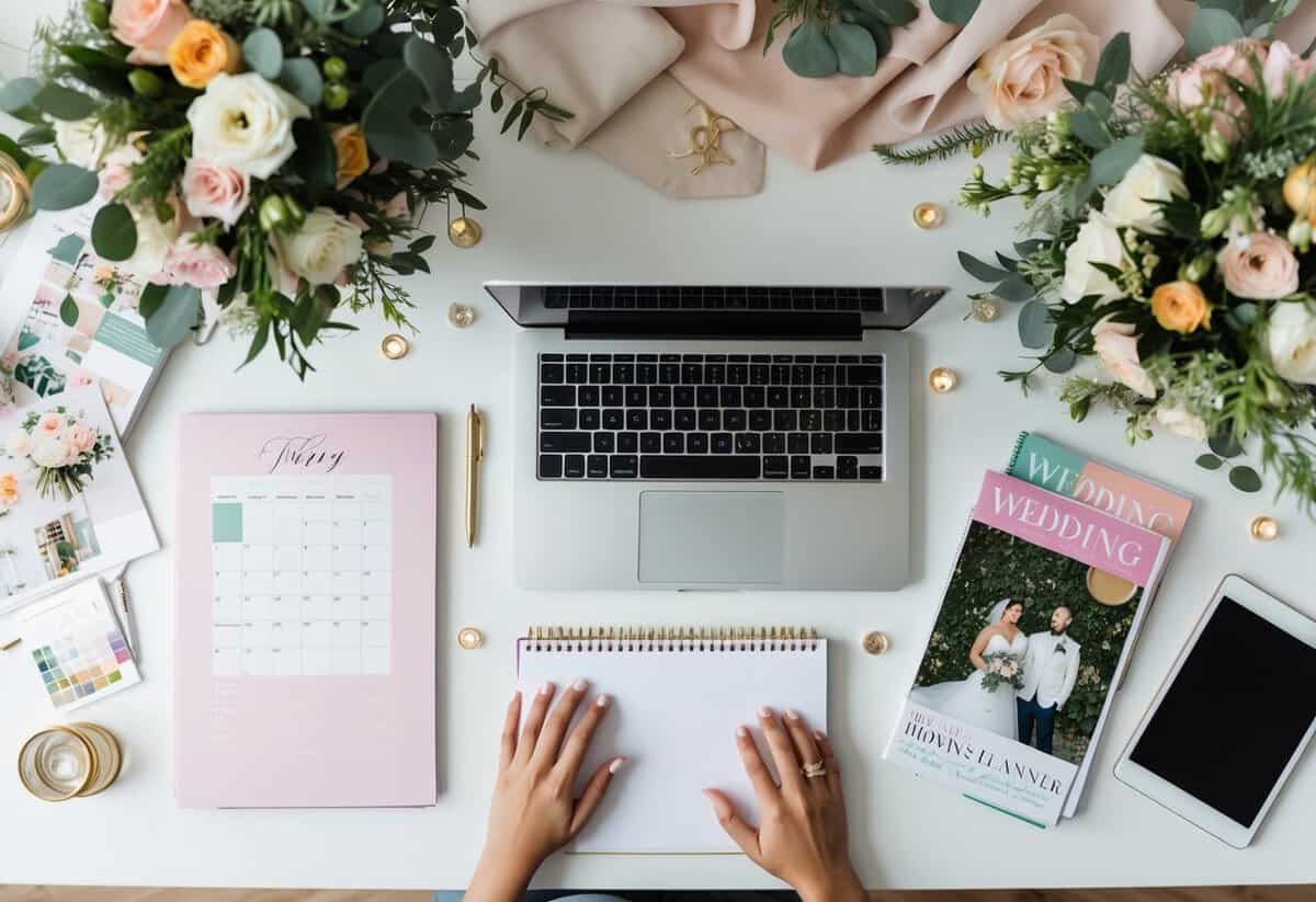 A wedding planner's desk with a calendar, notebook, and laptop, surrounded by floral arrangements, fabric swatches, and wedding magazines