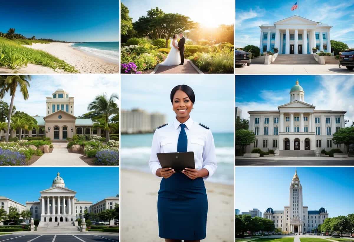 A registrar standing in front of a diverse array of wedding venues, including a beach, garden, courthouse, and city hall