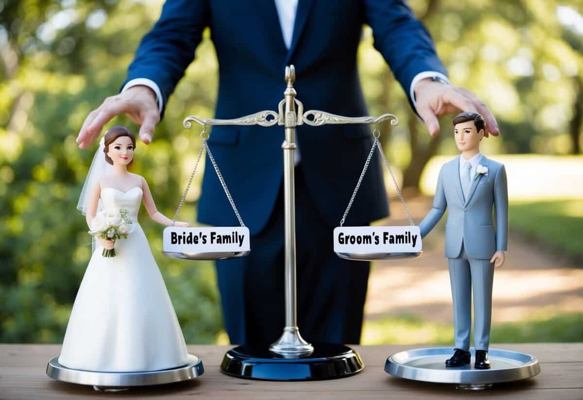 A bride and groom standing on opposite sides of a scale, with one side labeled "bride's family" and the other "groom's family."