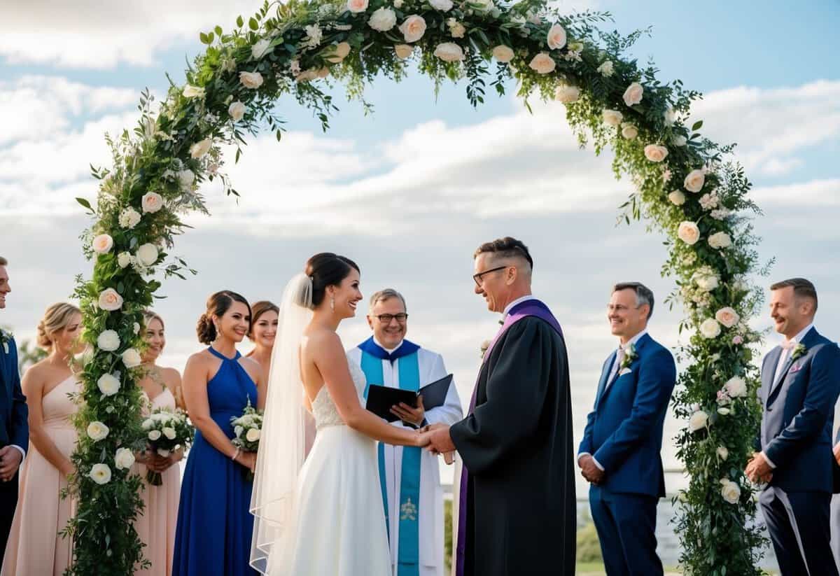 A celebrant officiates a wedding ceremony, standing beneath a decorated archway with the couple and guests gathered around