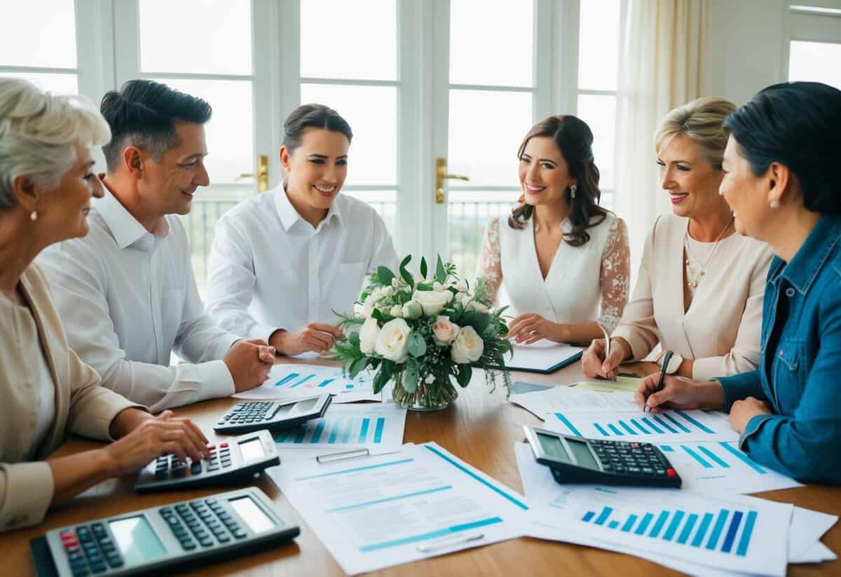 A couple and their families sit around a table, discussing and planning the wedding budget. Financial documents and calculators are scattered across the table