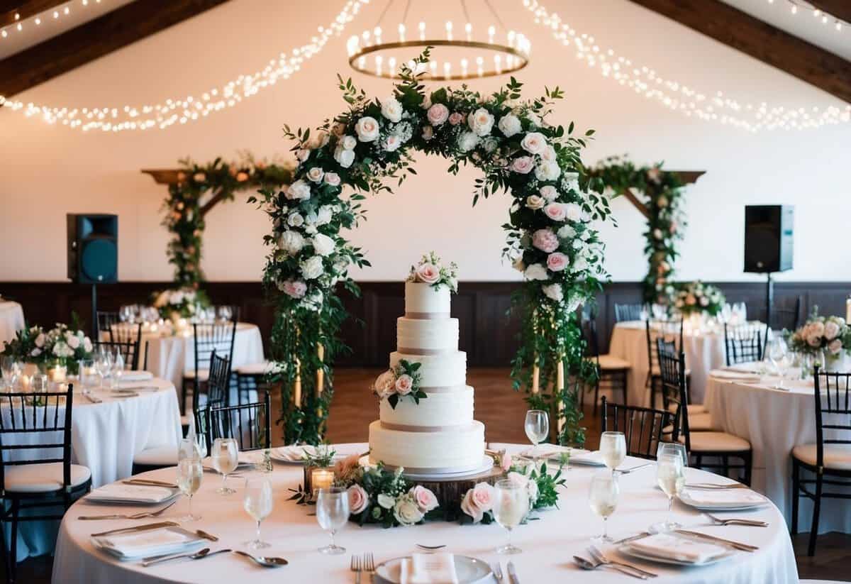 A beautifully decorated wedding venue with flowers, a wedding arch, and a tiered cake, surrounded by tables set for a reception