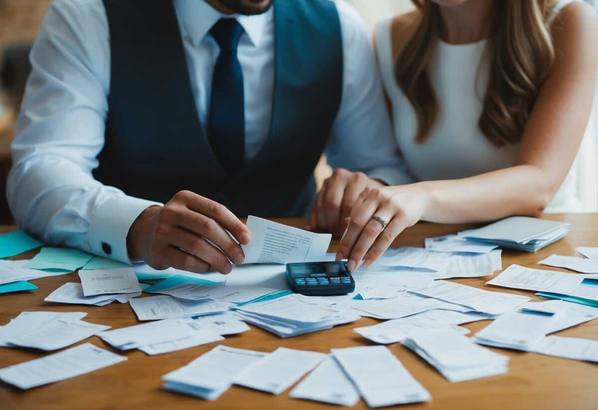A couple sitting at a table, surrounded by scattered wedding receipts and bills, discussing who should be responsible for paying for the wedding