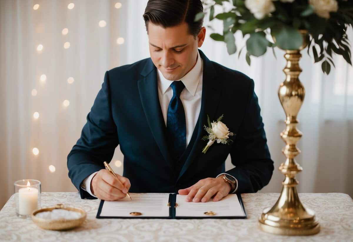 A wedding officiant signing legal documents at a decorated table