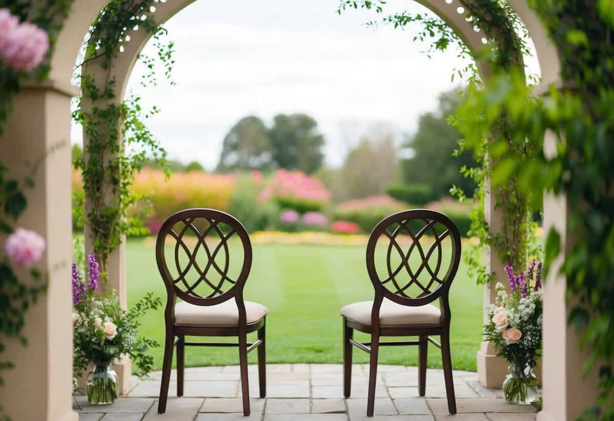 A serene outdoor setting with a decorative archway and two empty chairs facing each other, surrounded by blooming flowers and greenery