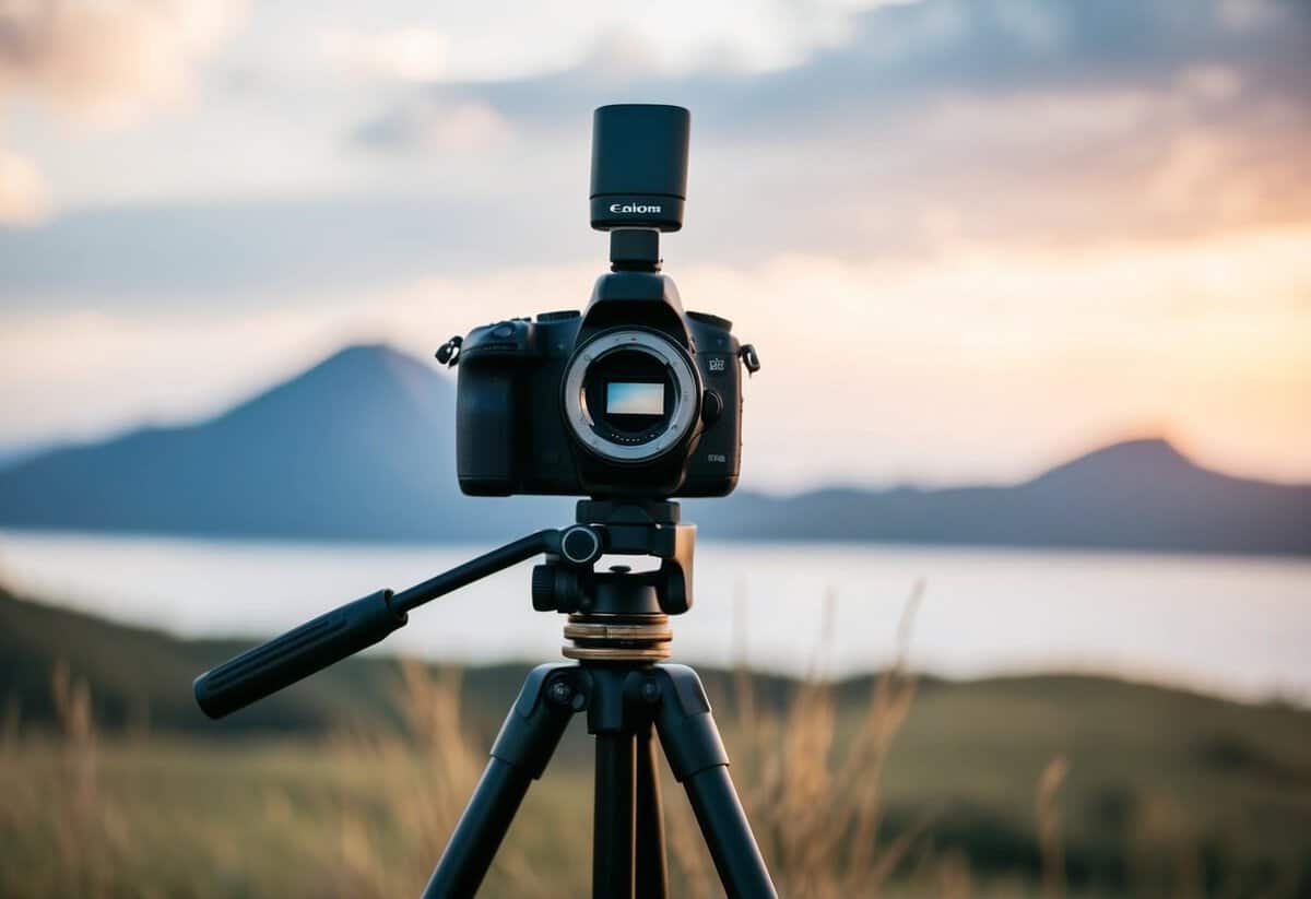 A camera on a tripod facing a scenic backdrop with soft natural lighting