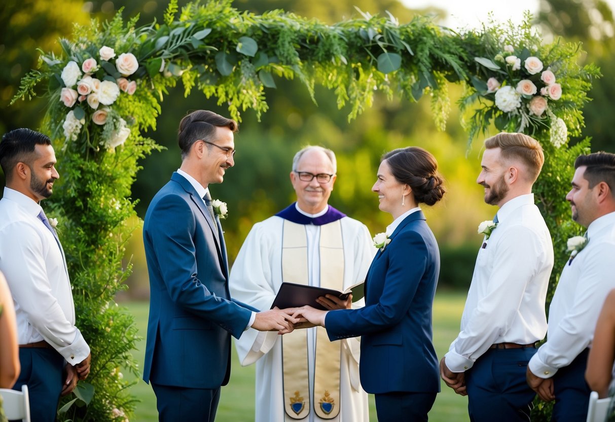 An outdoor wedding ceremony with a humanist officiant standing at the center, surrounded by lush greenery and flowers, as the couple exchanges vows