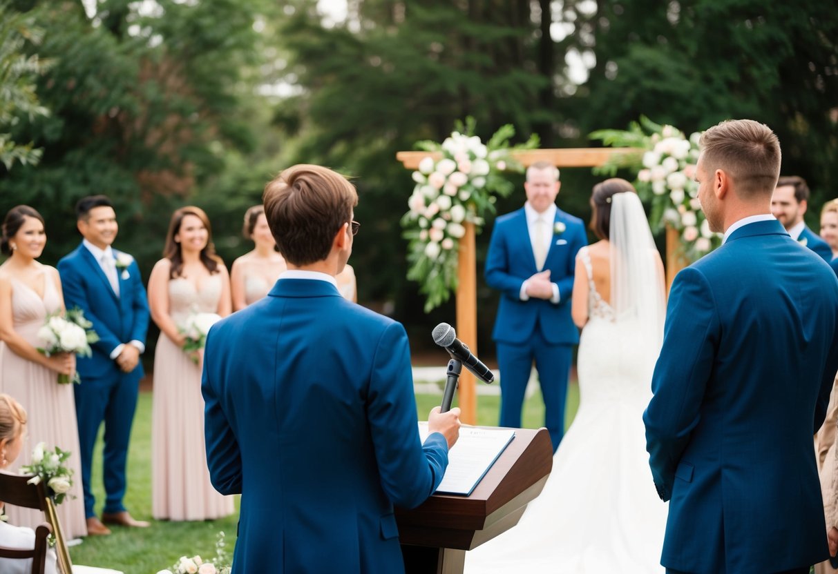 A person standing at a podium with a microphone, facing a couple at an altar, surrounded by flowers and guests in an outdoor setting