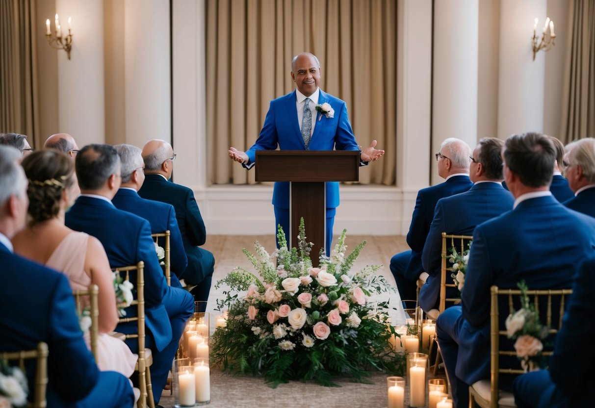 A figure standing at a podium, surrounded by flowers and candles, speaking to a group of seated guests