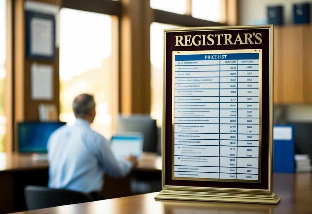 A registrar's office with a price list displayed prominently