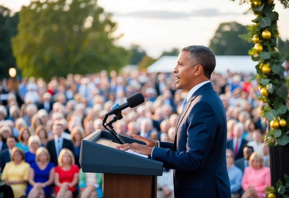 A person standing at a podium, speaking to a gathered crowd in a decorated outdoor setting