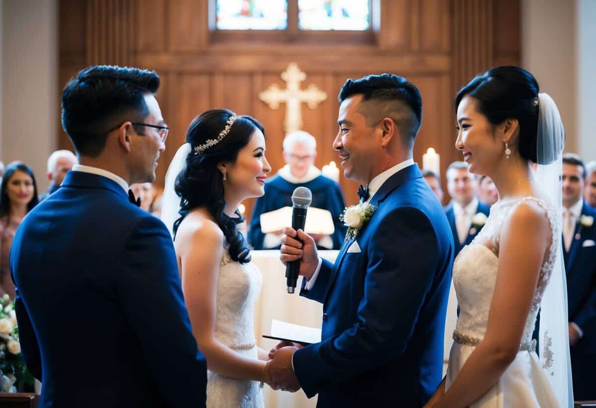 Two figures stand facing each other at an altar. The officiant holds a microphone and speaks to the gathered crowd, with the newly married couple beside them